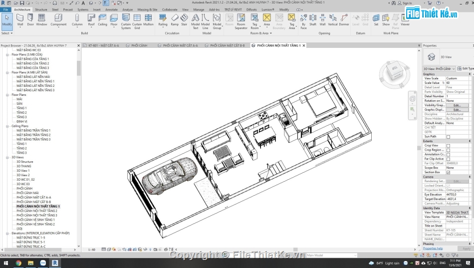 Bản vẽ revit nhà phố,nhà phố 2.5 tầng revit,bản vẽ nhà phố revit